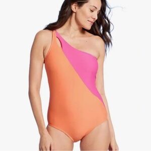 Lands End Orange Pink Color Block Cut Out One Piece Swimsuit XS/S/L NEW $70